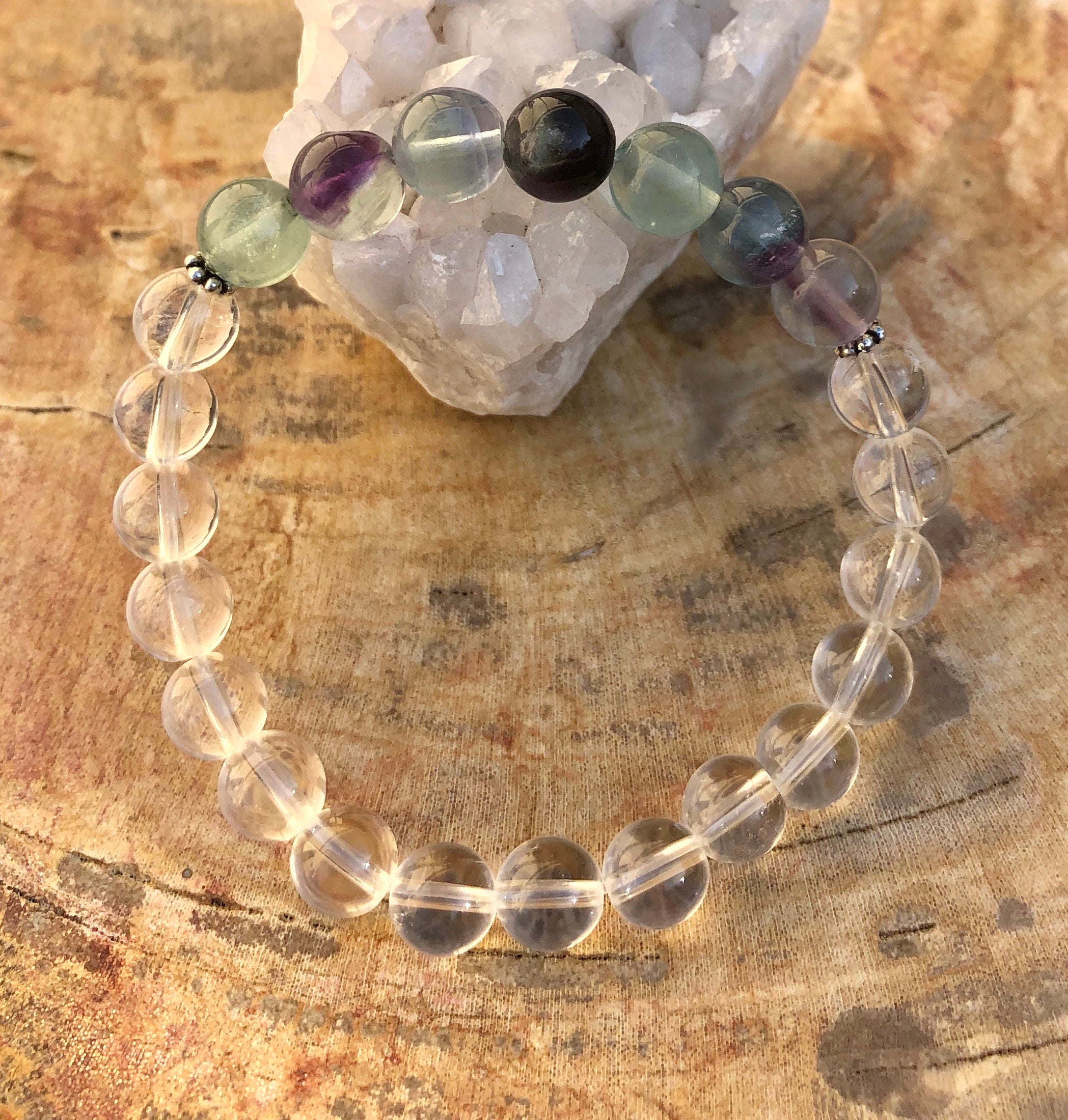 Rainbow Fluorite & Crystal Quartz Stretch Bracelet! Natural Gemstones!